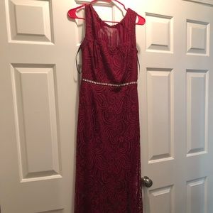 Formal burgundy lace dress.